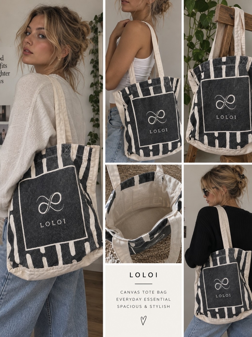Black & Cream Canvas Tote Bag